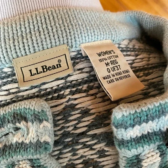 L.L. Bean Women's Fair Isle Knit Cotton Sweater Teal White Vintage Medium - Picture 3 of 8
